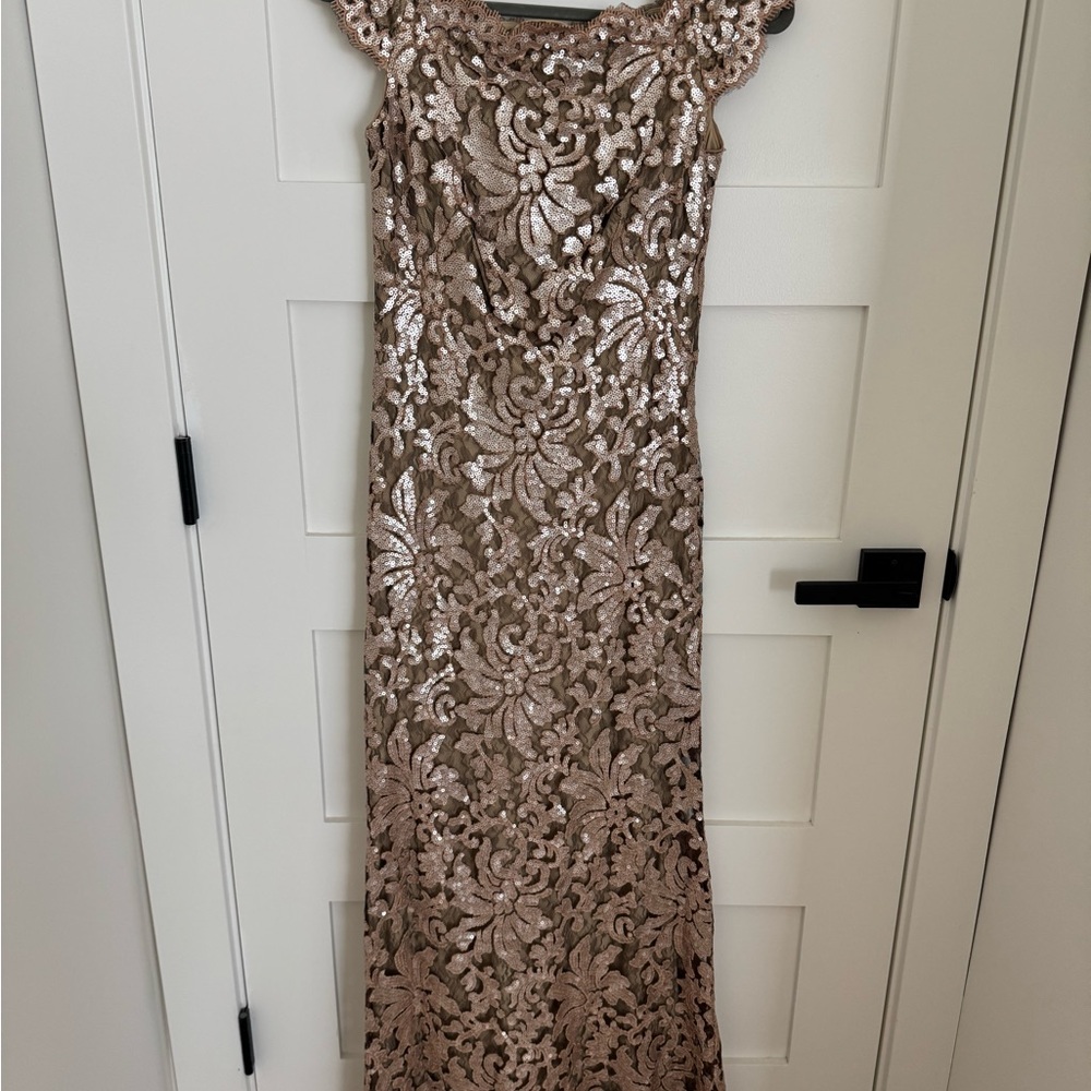 Tadashi Shoji Sequin Lace Maxi Dress in Gold/ Taupe